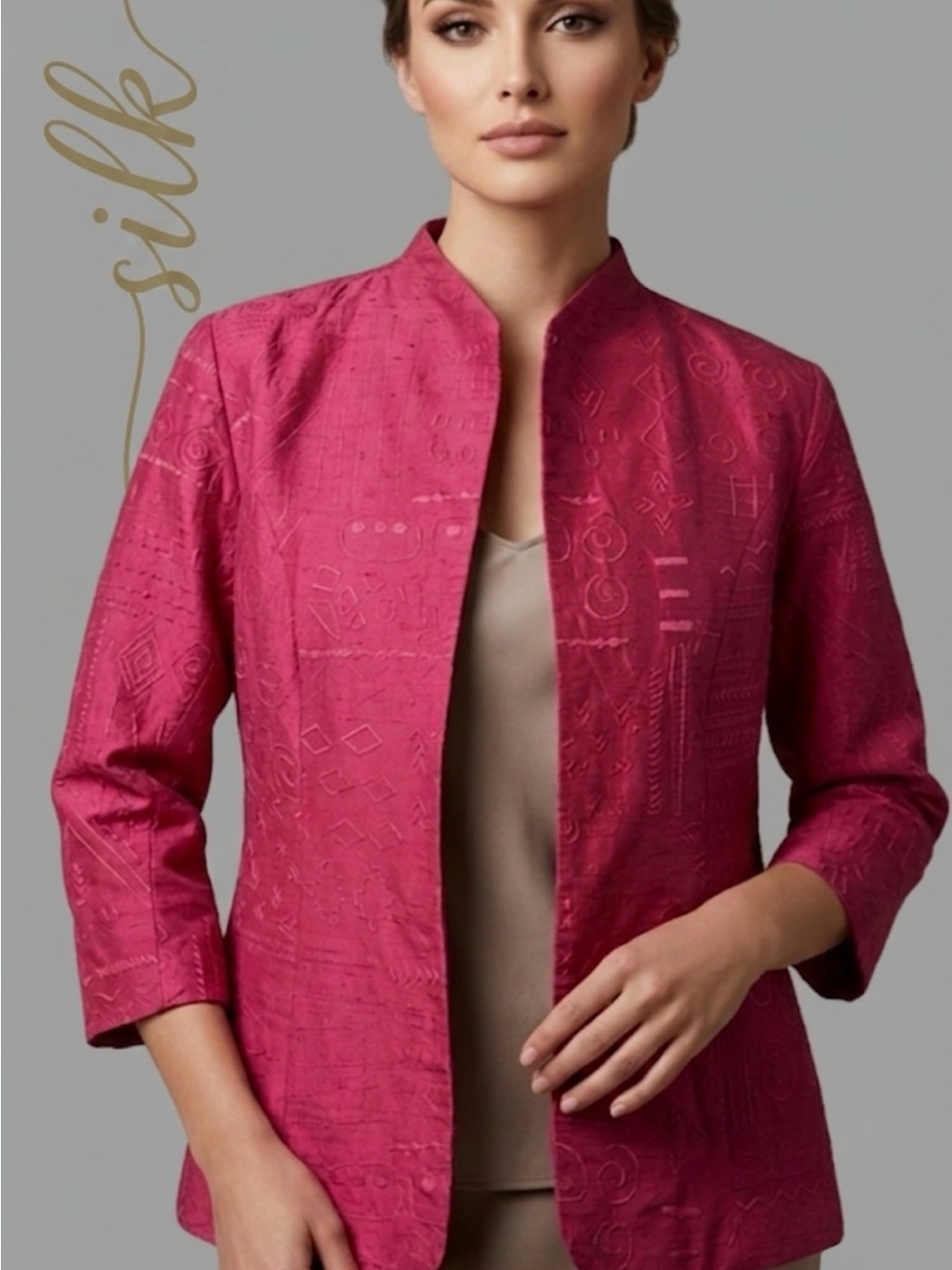 Coldwater Creek Pink 100% Silk Embroidered Open Front Jacket Blazer Size M